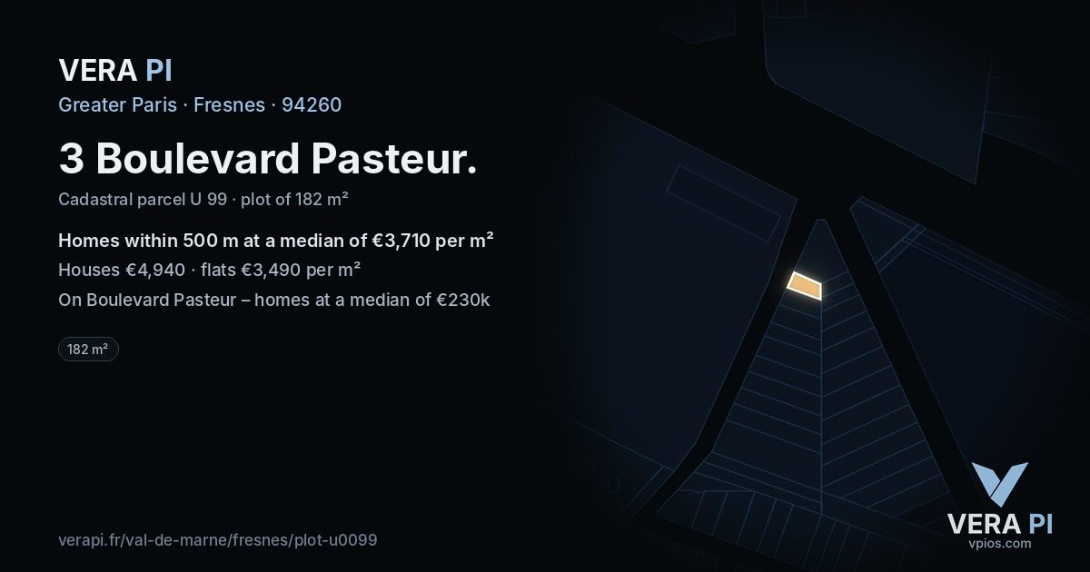 3 Boulevard Pasteur, Fresnes at night – the plot lit, the parcels around coloured by the prices near them