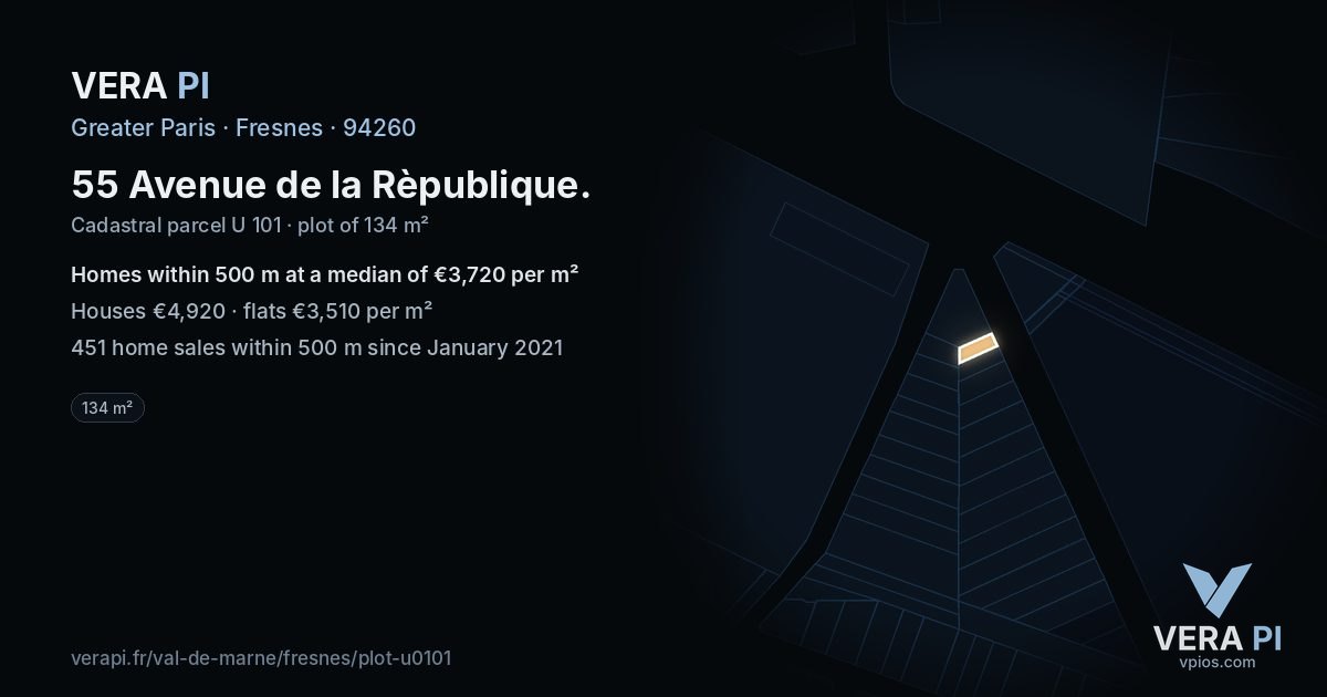 55 Avenue de la Rèpublique, Fresnes at night – the plot lit, the parcels around coloured by the prices near them