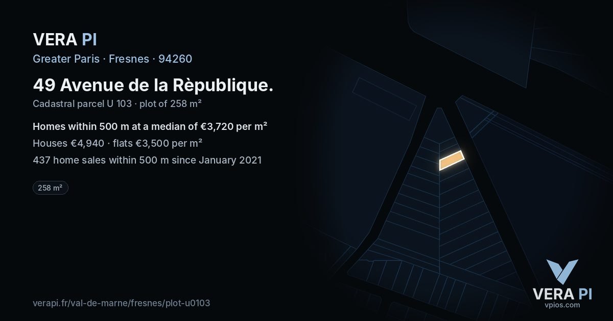 49 Avenue de la Rèpublique, Fresnes at night – the plot lit, the parcels around coloured by the prices near them