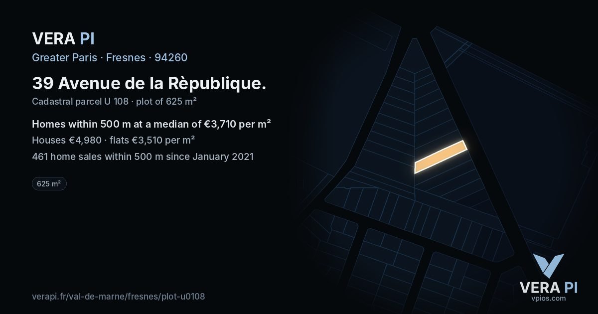 39 Avenue de la Rèpublique, Fresnes at night – the plot lit, the parcels around coloured by the prices near them