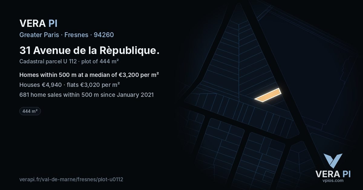 31 Avenue de la Rèpublique, Fresnes at night – the plot lit, the parcels around coloured by the prices near them