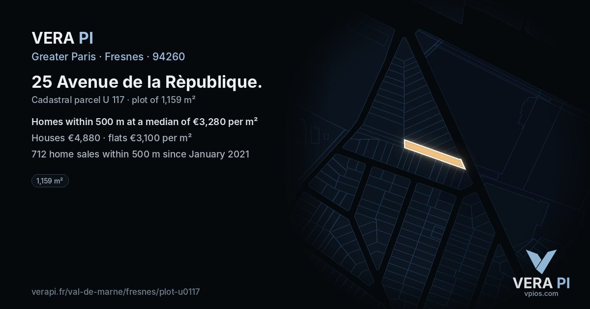 25 Avenue de la Rèpublique, Fresnes at night – the plot lit, the parcels around coloured by the prices near them