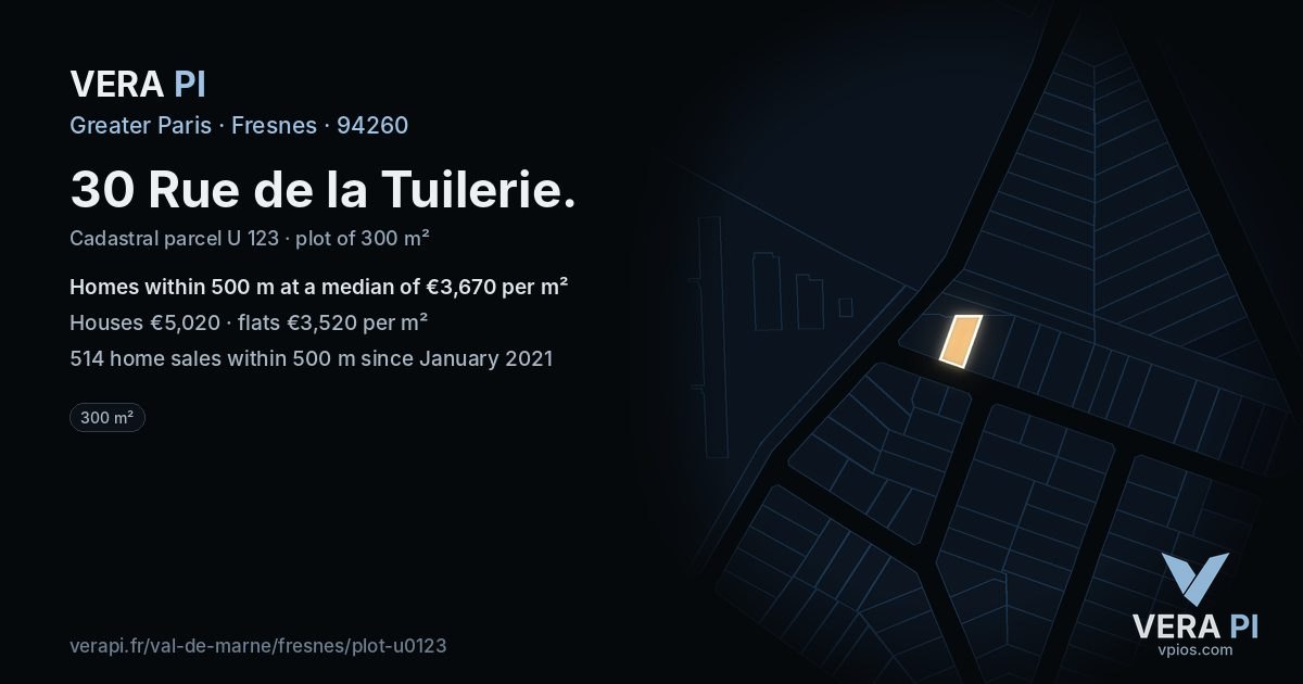 30 Rue de la Tuilerie, Fresnes at night – the plot lit, the parcels around coloured by the prices near them