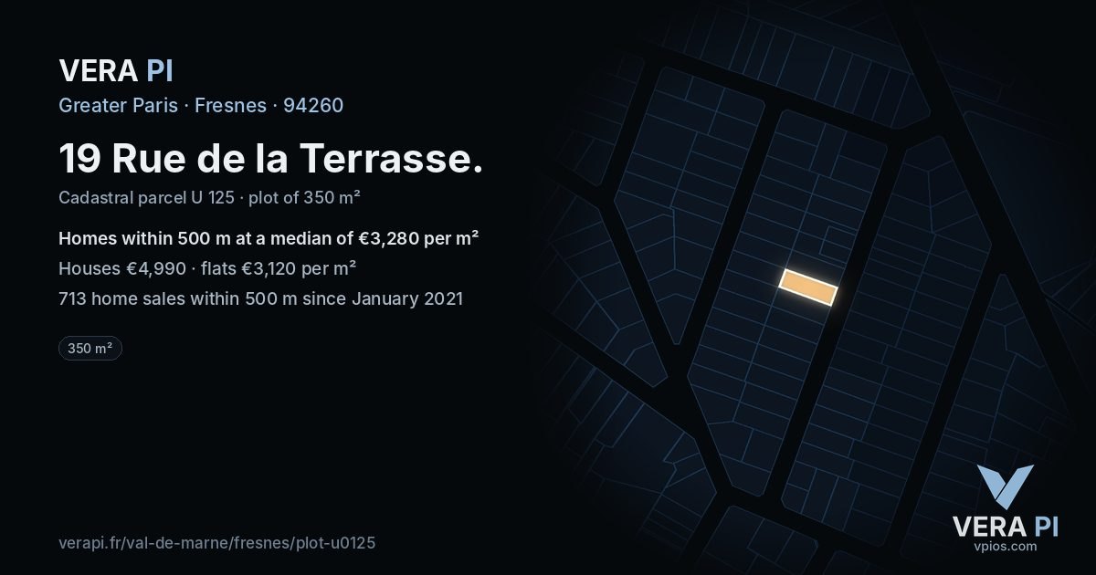 19 Rue de la Terrasse, Fresnes at night – the plot lit, the parcels around coloured by the prices near them