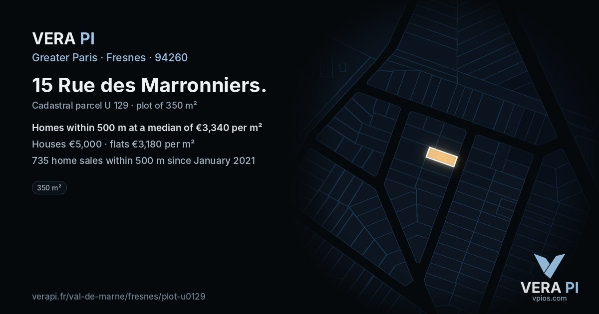 15 Rue des Marronniers, Fresnes at night – the plot lit, the parcels around coloured by the prices near them
