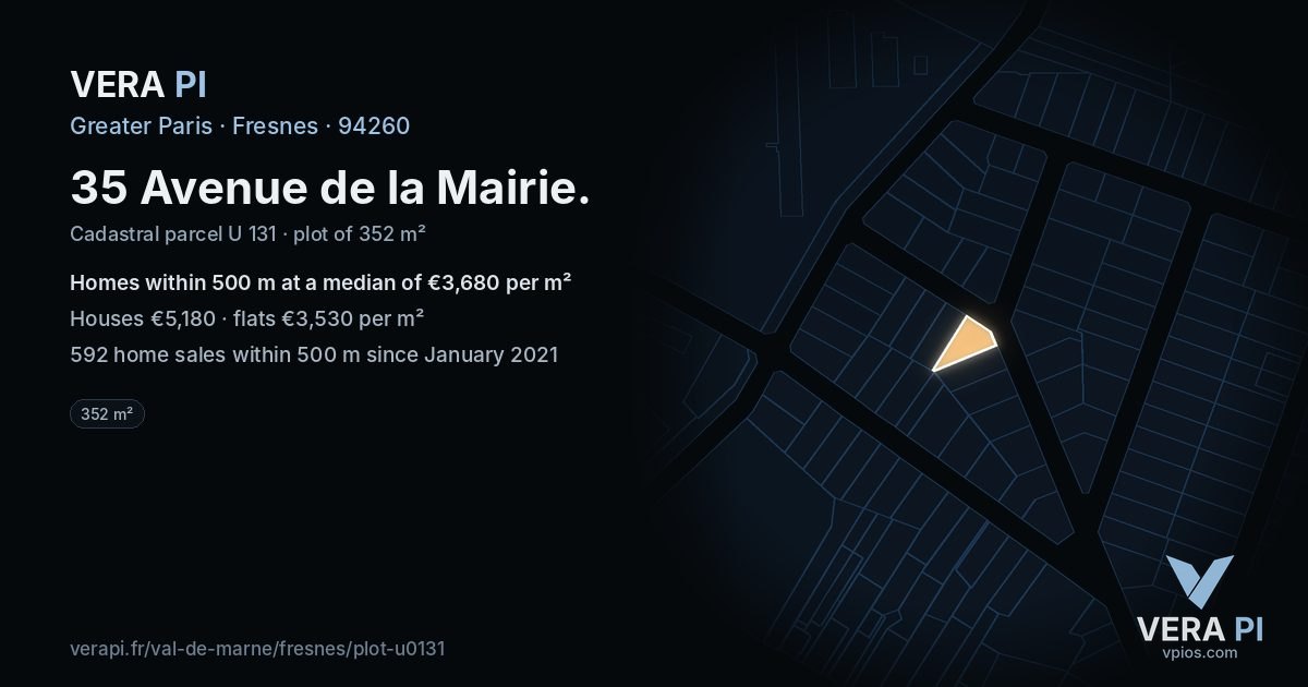 35 Avenue de la Mairie, Fresnes at night – the plot lit, the parcels around coloured by the prices near them
