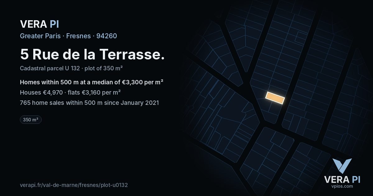 5 Rue de la Terrasse, Fresnes at night – the plot lit, the parcels around coloured by the prices near them