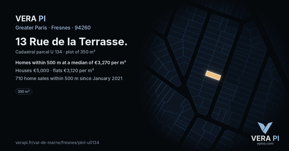 13 Rue de la Terrasse, Fresnes at night – the plot lit, the parcels around coloured by the prices near them