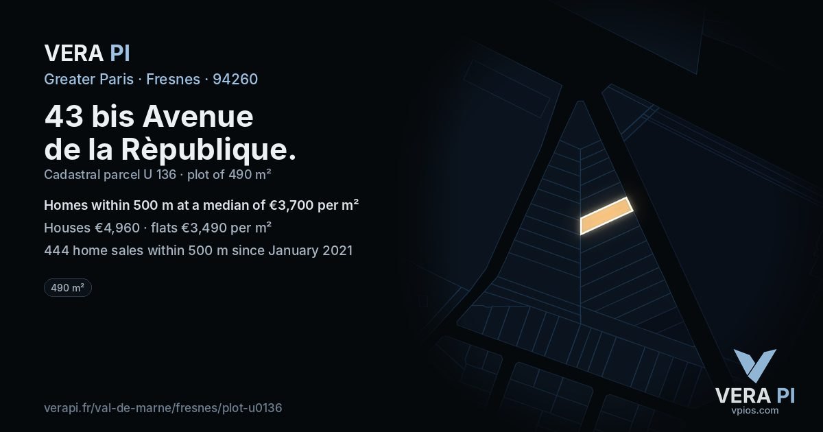 43 bis Avenue de la Rèpublique, Fresnes at night – the plot lit, the parcels around coloured by the prices near them