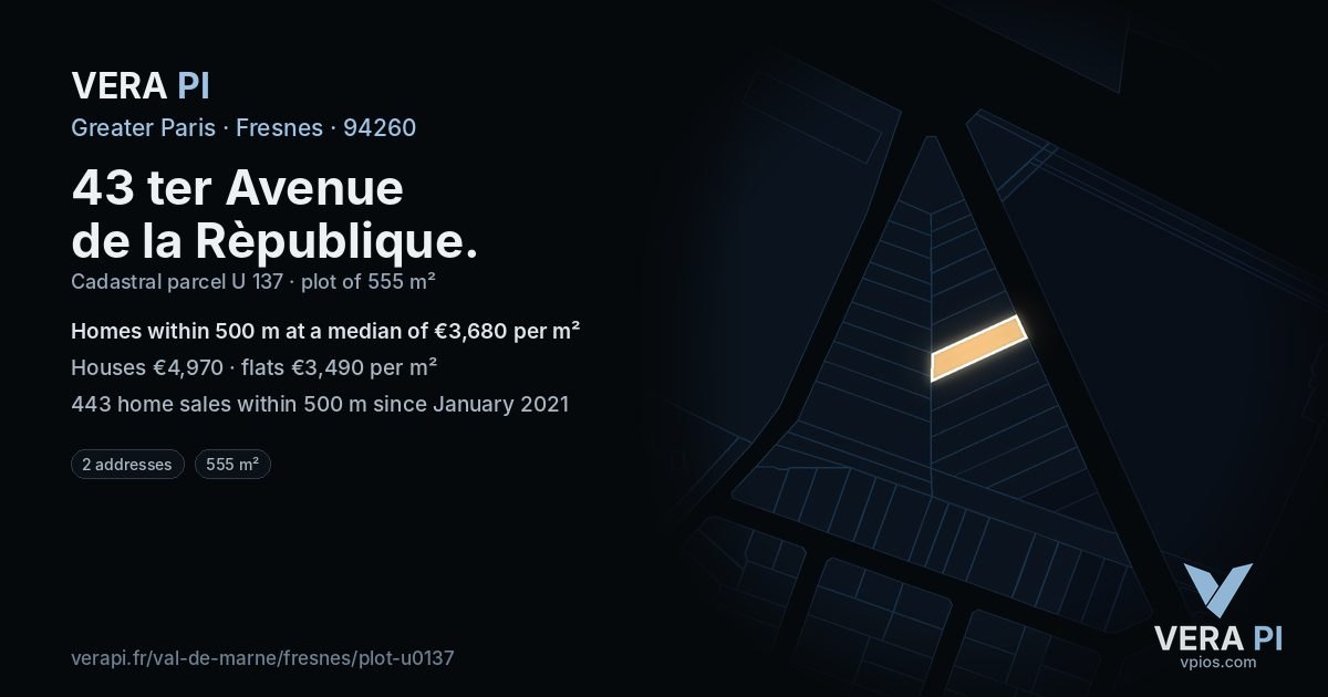 43 ter Avenue de la Rèpublique, Fresnes at night – the plot lit, the parcels around coloured by the prices near them
