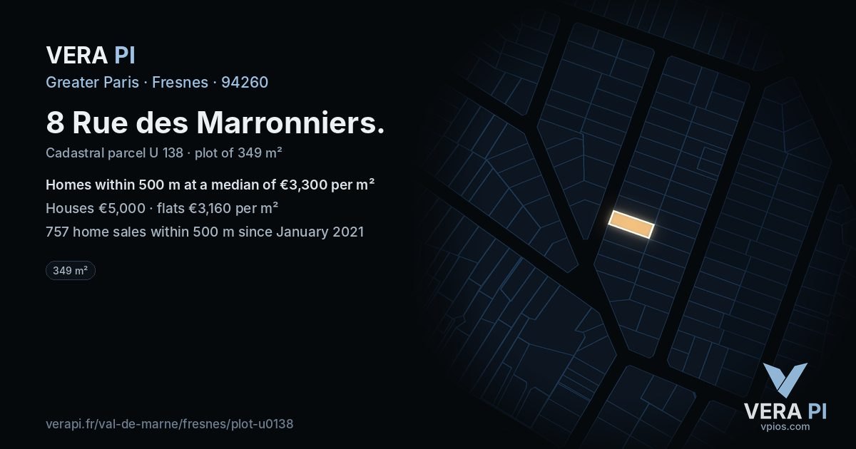 8 Rue des Marronniers, Fresnes at night – the plot lit, the parcels around coloured by the prices near them