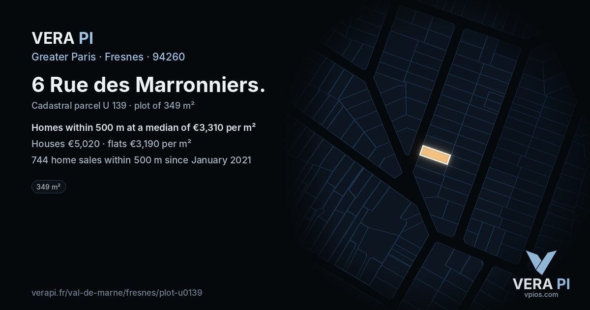 6 Rue des Marronniers, Fresnes at night – the plot lit, the parcels around coloured by the prices near them