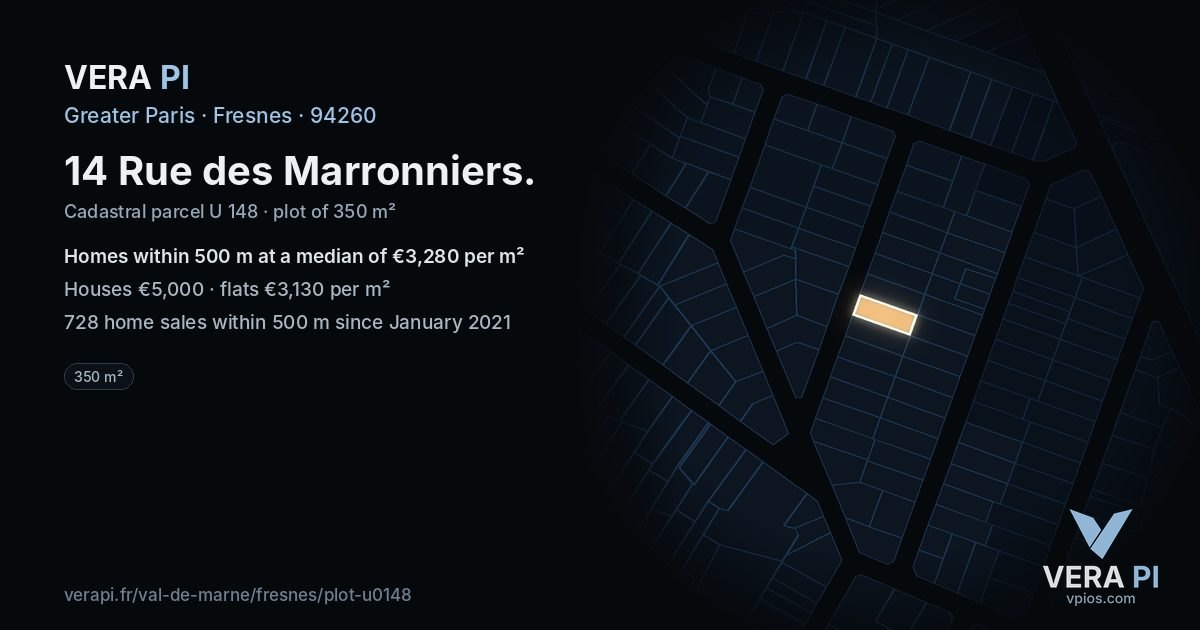 14 Rue des Marronniers, Fresnes at night – the plot lit, the parcels around coloured by the prices near them