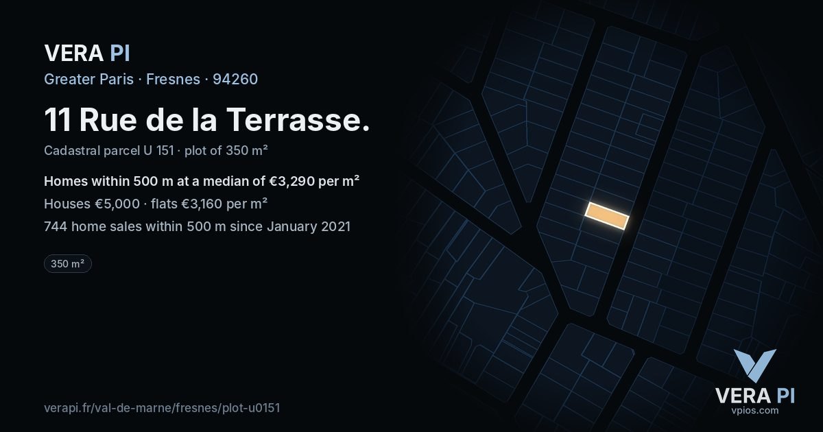11 Rue de la Terrasse, Fresnes at night – the plot lit, the parcels around coloured by the prices near them
