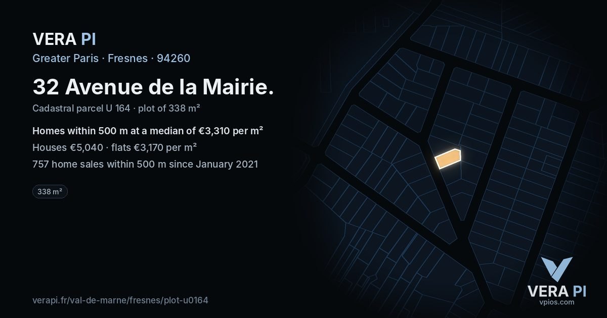 32 Avenue de la Mairie, Fresnes at night – the plot lit, the parcels around coloured by the prices near them