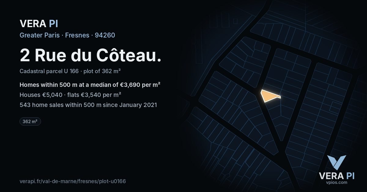 2 Rue du Côteau, Fresnes at night – the plot lit, the parcels around coloured by the prices near them
