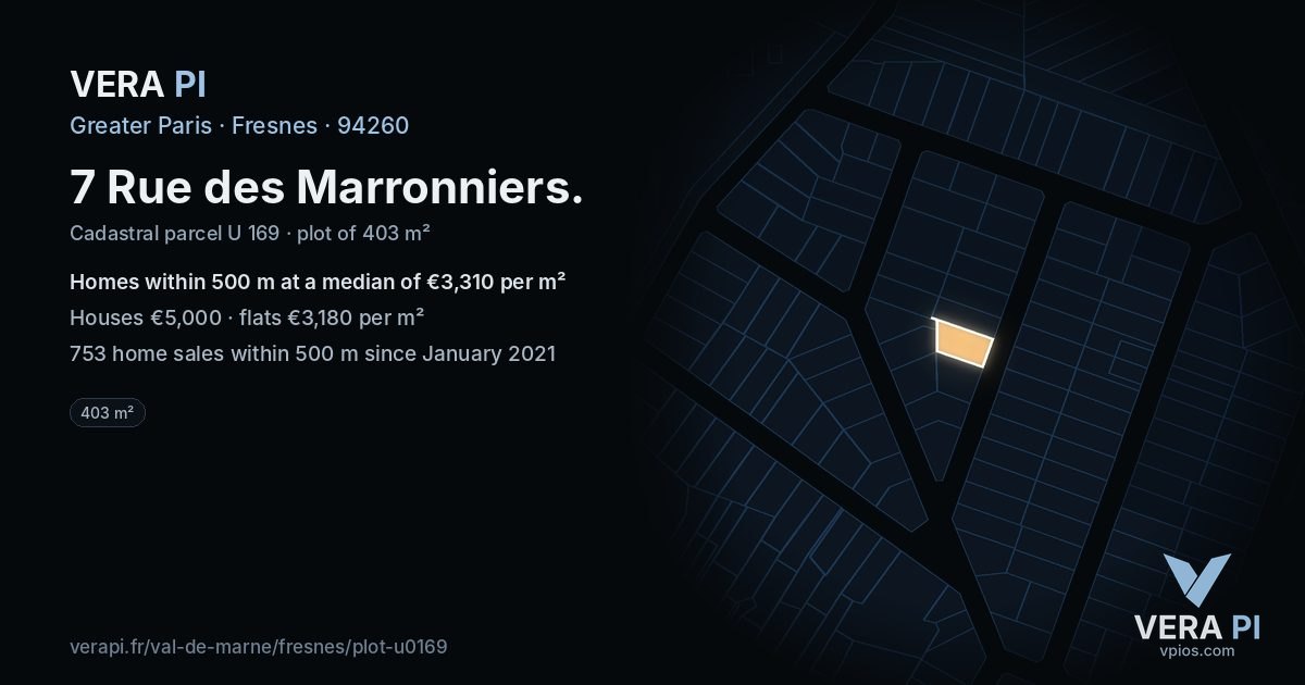 7 Rue des Marronniers, Fresnes at night – the plot lit, the parcels around coloured by the prices near them