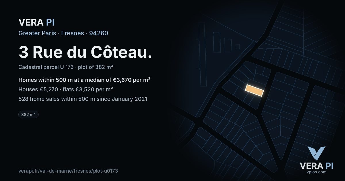 3 Rue du Côteau, Fresnes at night – the plot lit, the parcels around coloured by the prices near them