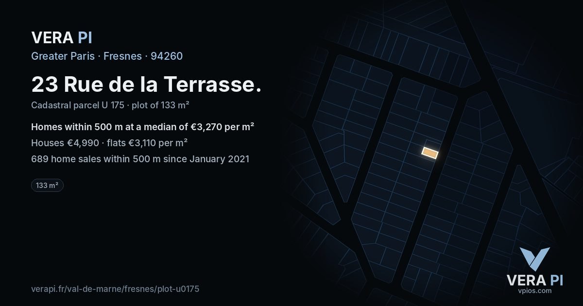 23 Rue de la Terrasse, Fresnes at night – the plot lit, the parcels around coloured by the prices near them