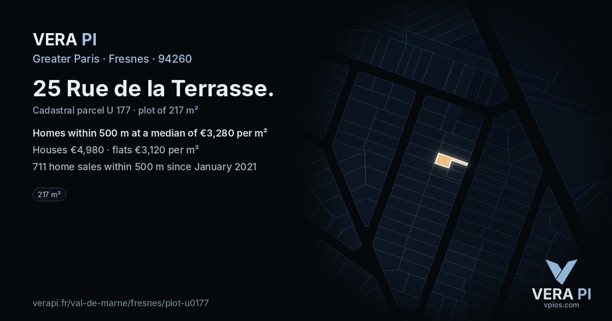 25 Rue de la Terrasse, Fresnes at night – the plot lit, the parcels around coloured by the prices near them