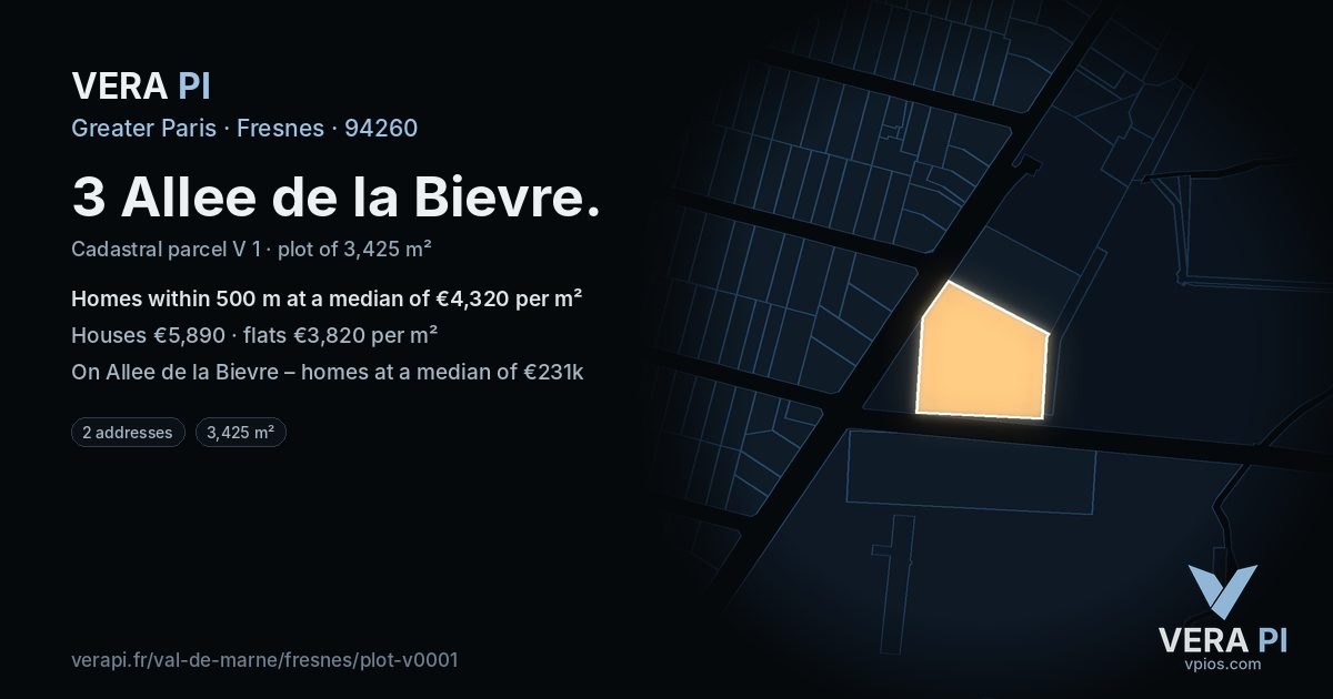 3 Allee de la Bievre, Fresnes at night – the plot lit, the parcels around coloured by the prices near them