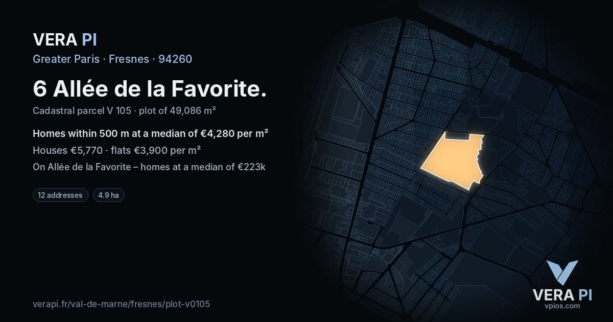 6 Allée de la Favorite, Fresnes at night – the plot lit, the parcels around coloured by the prices near them
