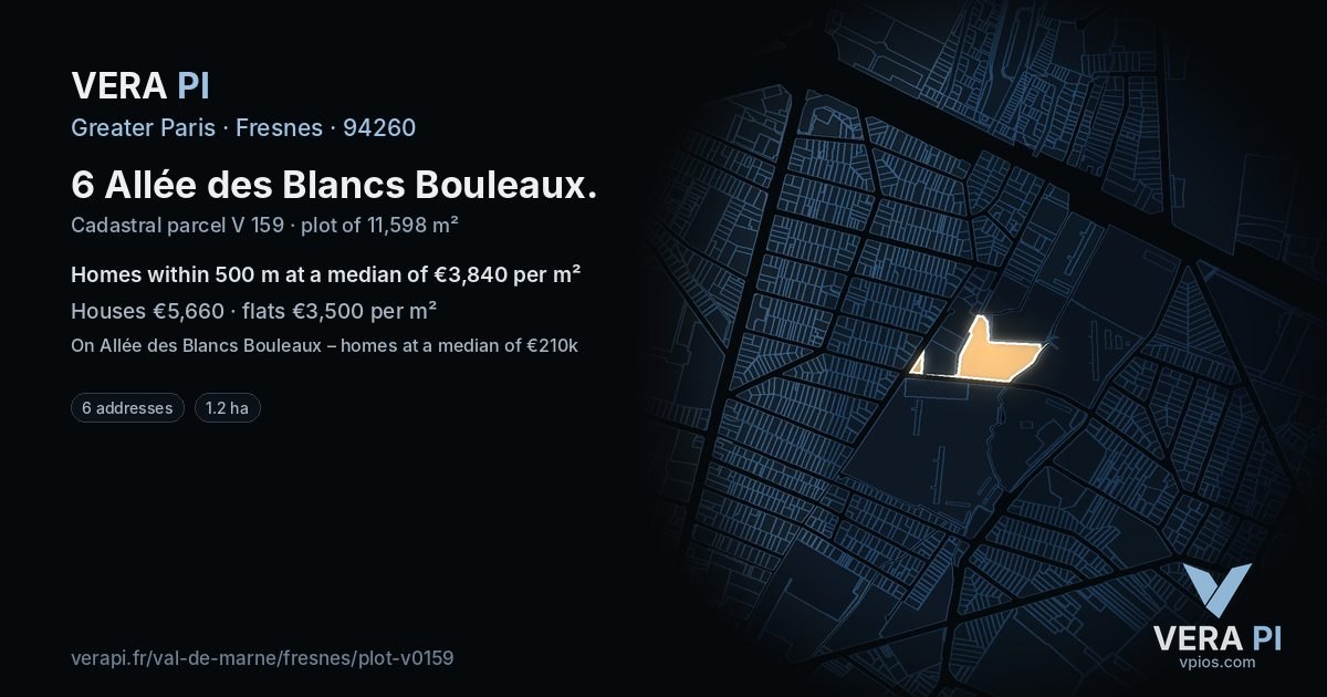 6 Allée des Blancs Bouleaux, Fresnes at night – the plot lit, the parcels around coloured by the prices near them