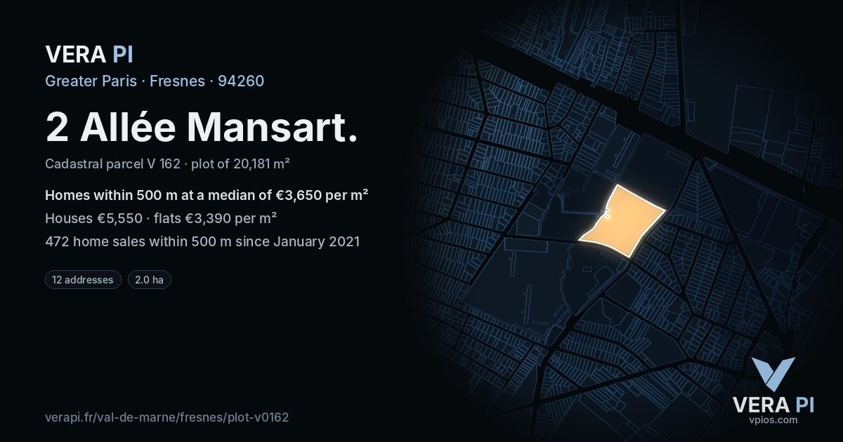 2 Allée Mansart, Fresnes at night – the plot lit, the parcels around coloured by the prices near them