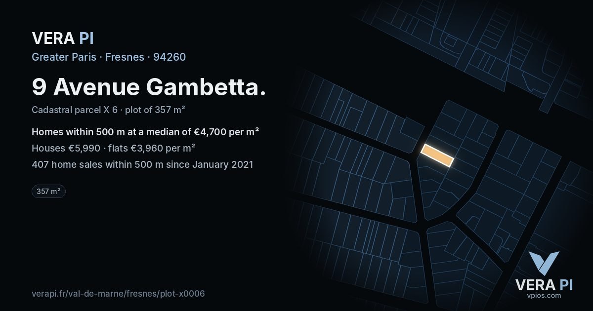 9 Avenue Gambetta, Fresnes at night – the plot lit, the parcels around coloured by the prices near them