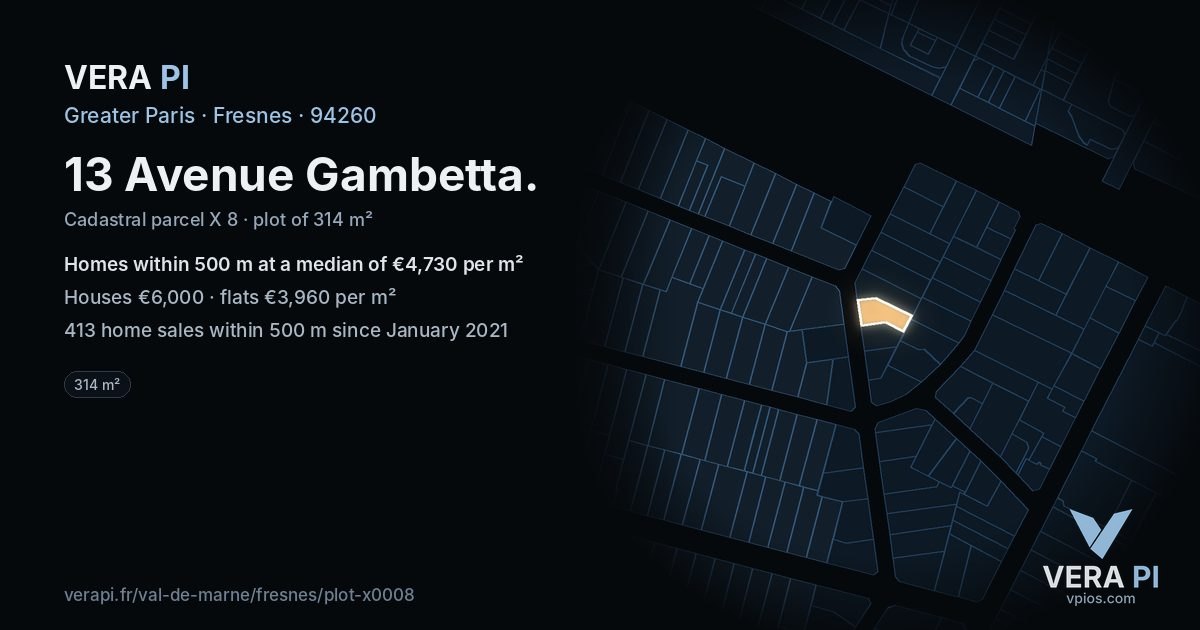 13 Avenue Gambetta, Fresnes at night – the plot lit, the parcels around coloured by the prices near them
