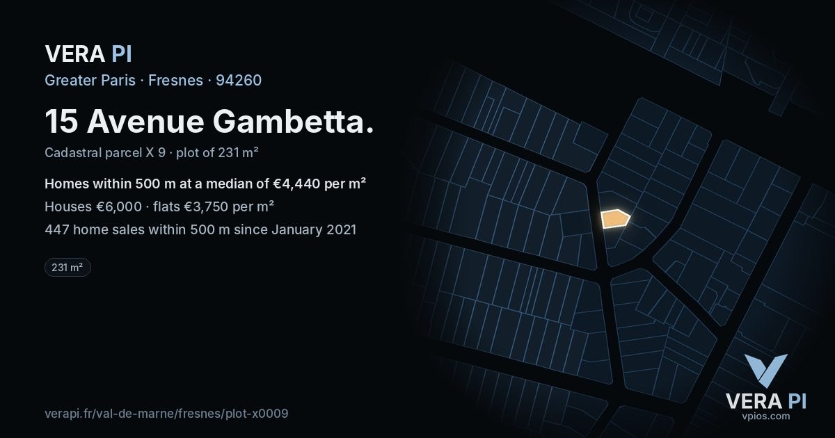 15 Avenue Gambetta, Fresnes at night – the plot lit, the parcels around coloured by the prices near them