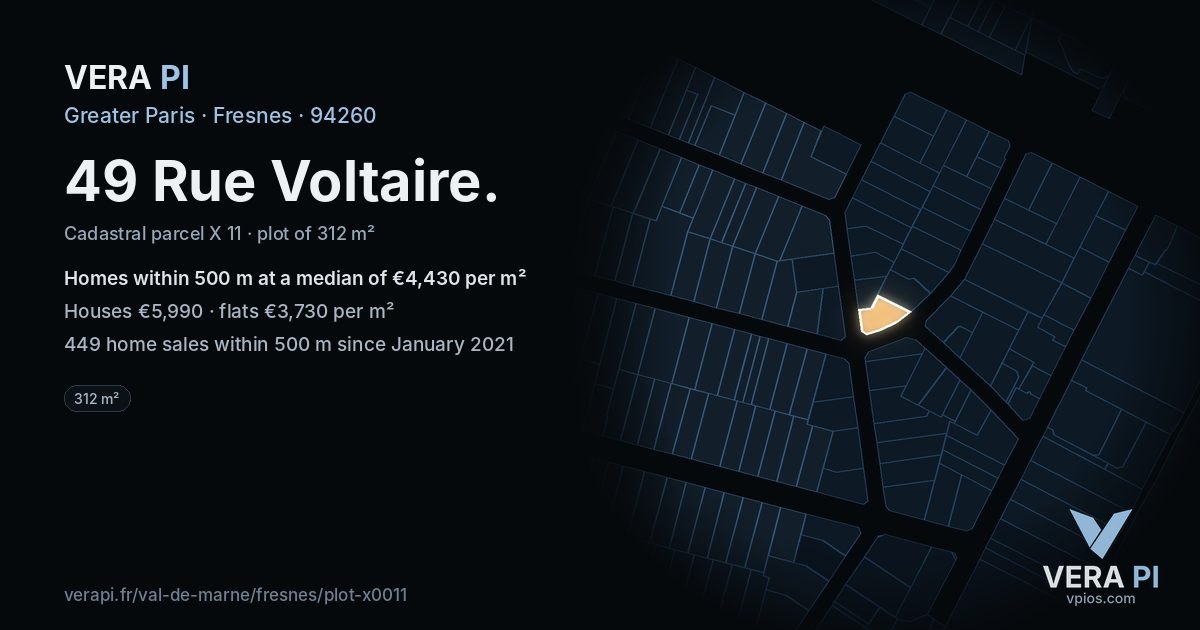 49 Rue Voltaire, Fresnes at night – the plot lit, the parcels around coloured by the prices near them