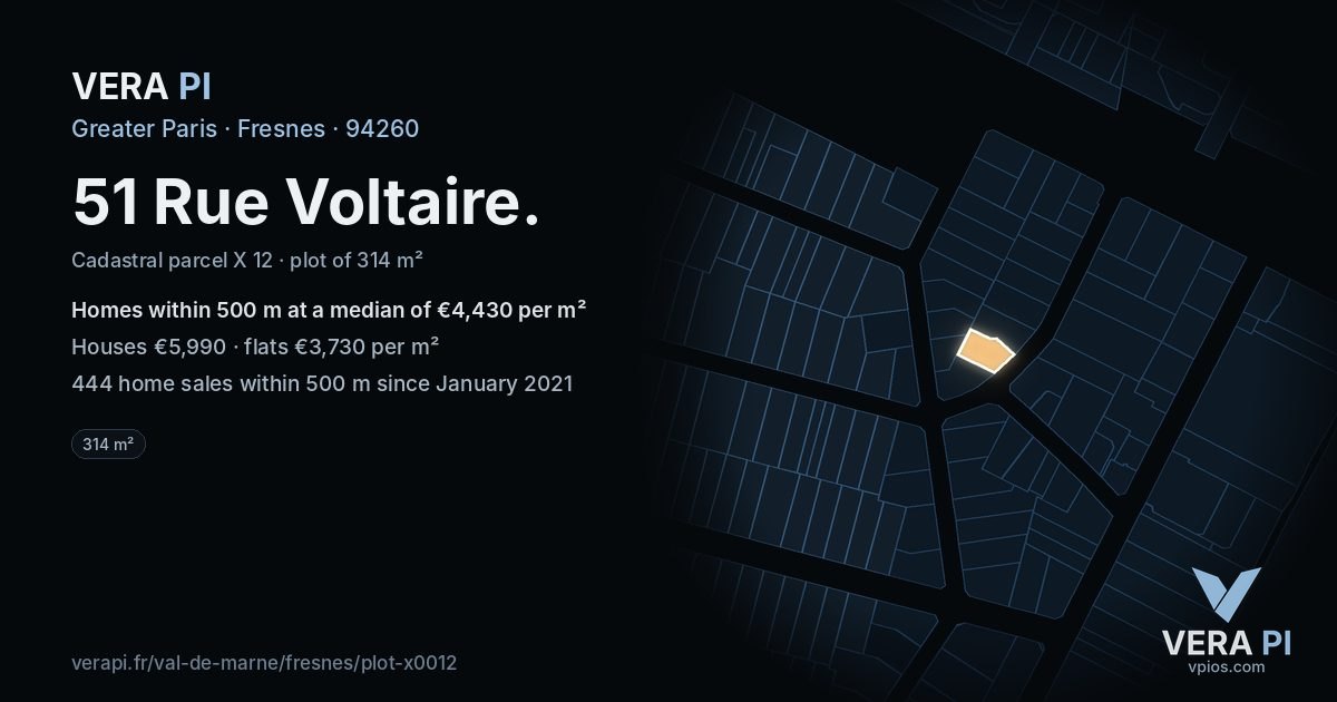 51 Rue Voltaire, Fresnes at night – the plot lit, the parcels around coloured by the prices near them