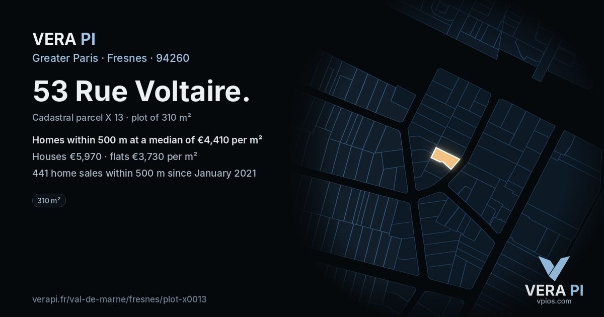 53 Rue Voltaire, Fresnes at night – the plot lit, the parcels around coloured by the prices near them