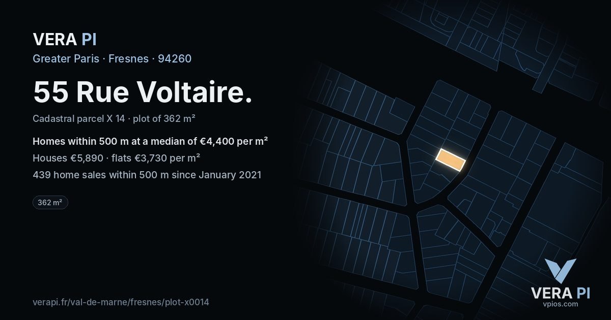 55 Rue Voltaire, Fresnes at night – the plot lit, the parcels around coloured by the prices near them