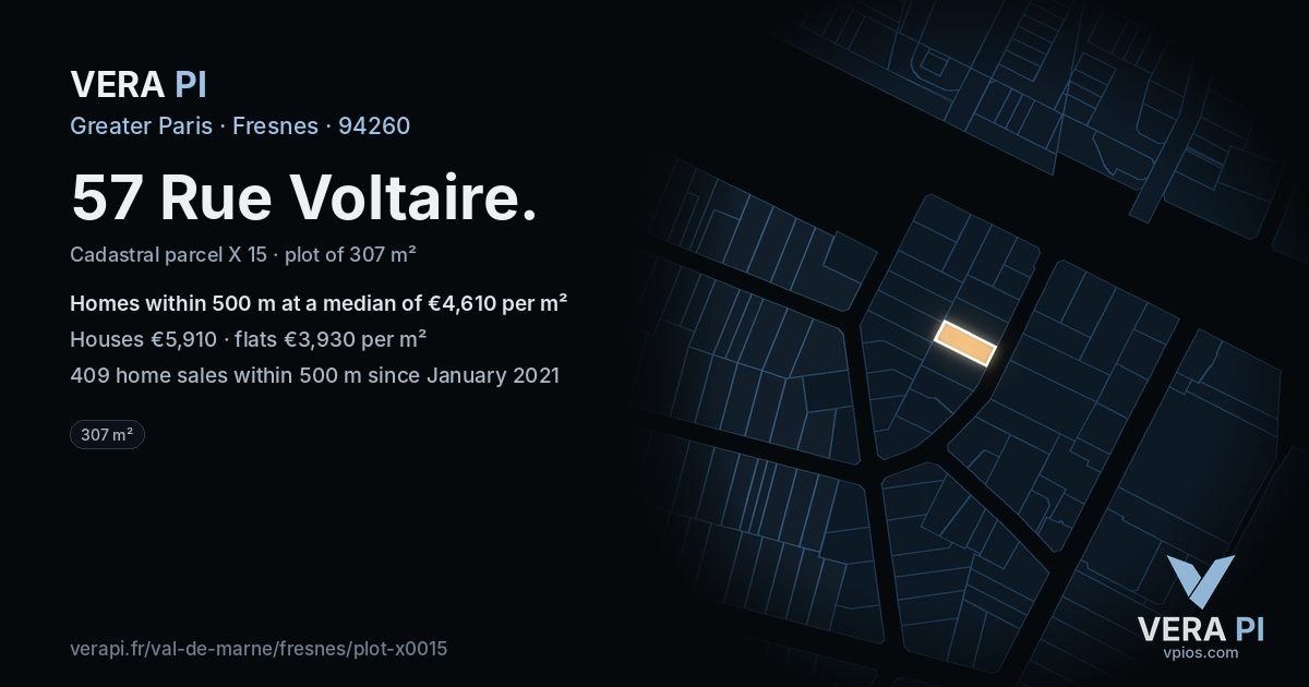 57 Rue Voltaire, Fresnes at night – the plot lit, the parcels around coloured by the prices near them