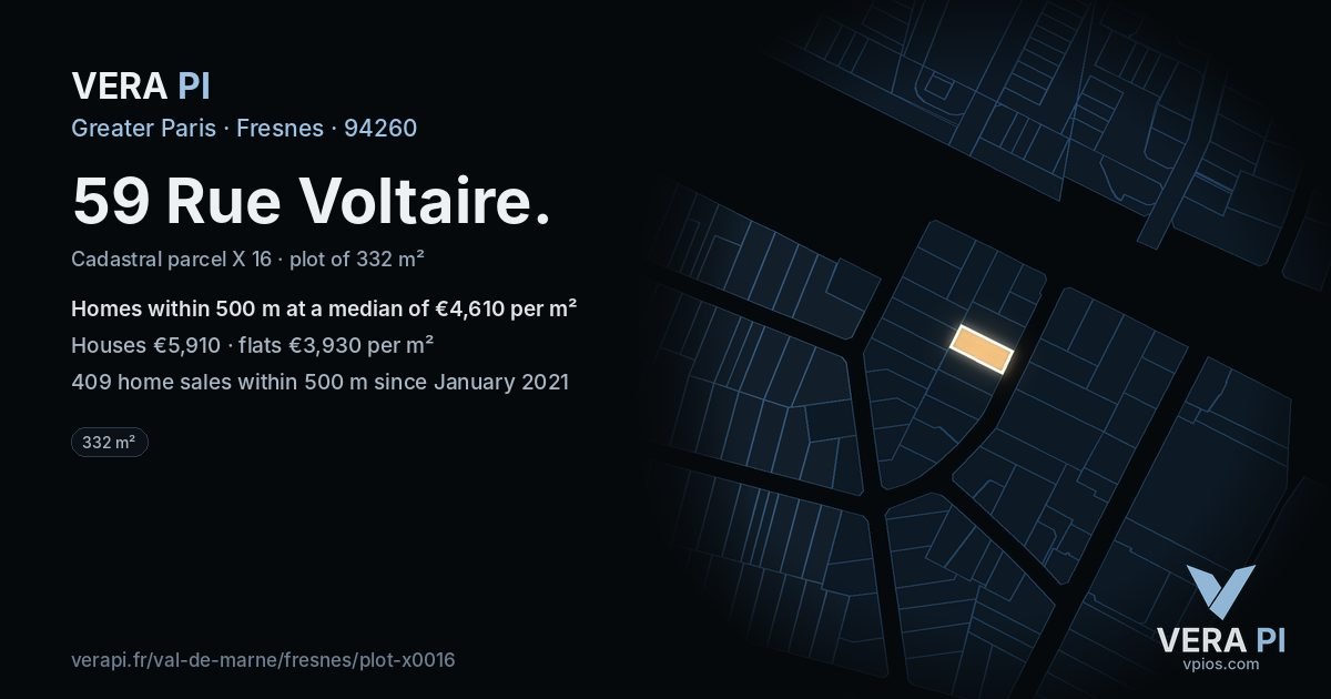 59 Rue Voltaire, Fresnes at night – the plot lit, the parcels around coloured by the prices near them