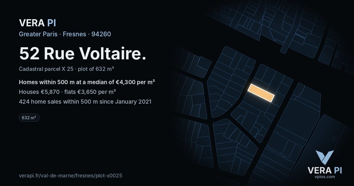 52 Rue Voltaire, Fresnes at night – the plot lit, the parcels around coloured by the prices near them