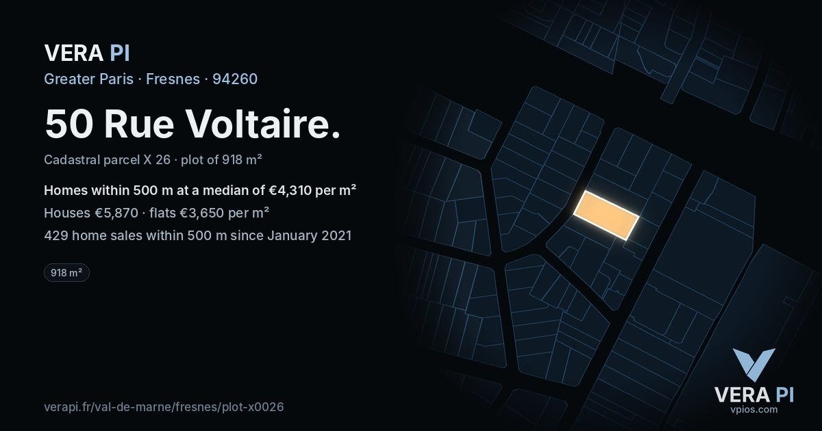 50 Rue Voltaire, Fresnes at night – the plot lit, the parcels around coloured by the prices near them