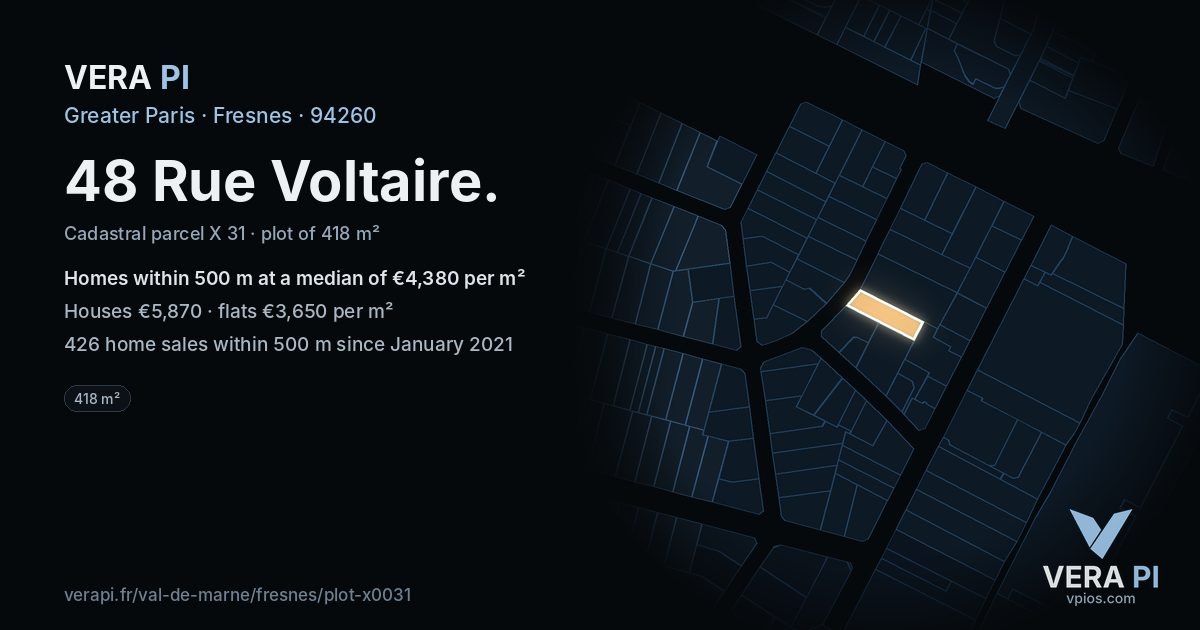 48 Rue Voltaire, Fresnes at night – the plot lit, the parcels around coloured by the prices near them