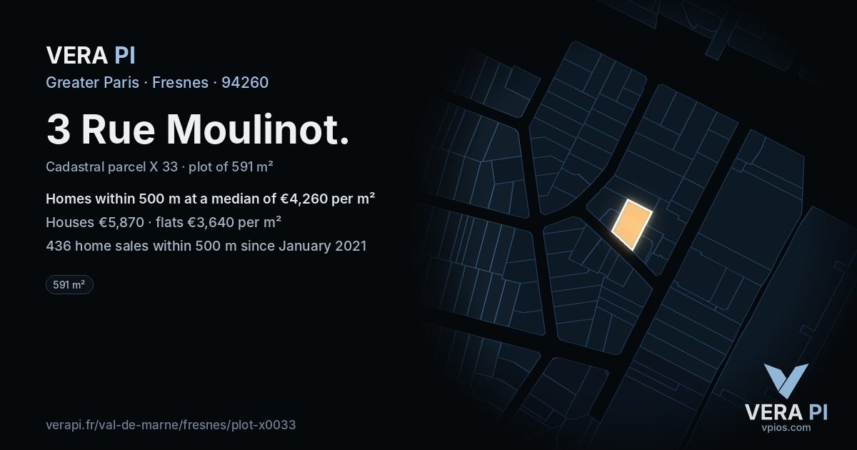 3 Rue Moulinot, Fresnes at night – the plot lit, the parcels around coloured by the prices near them
