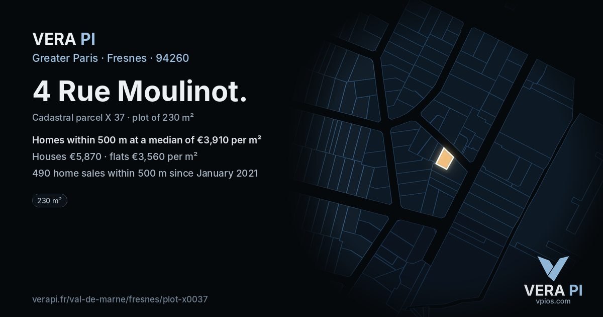 4 Rue Moulinot, Fresnes at night – the plot lit, the parcels around coloured by the prices near them