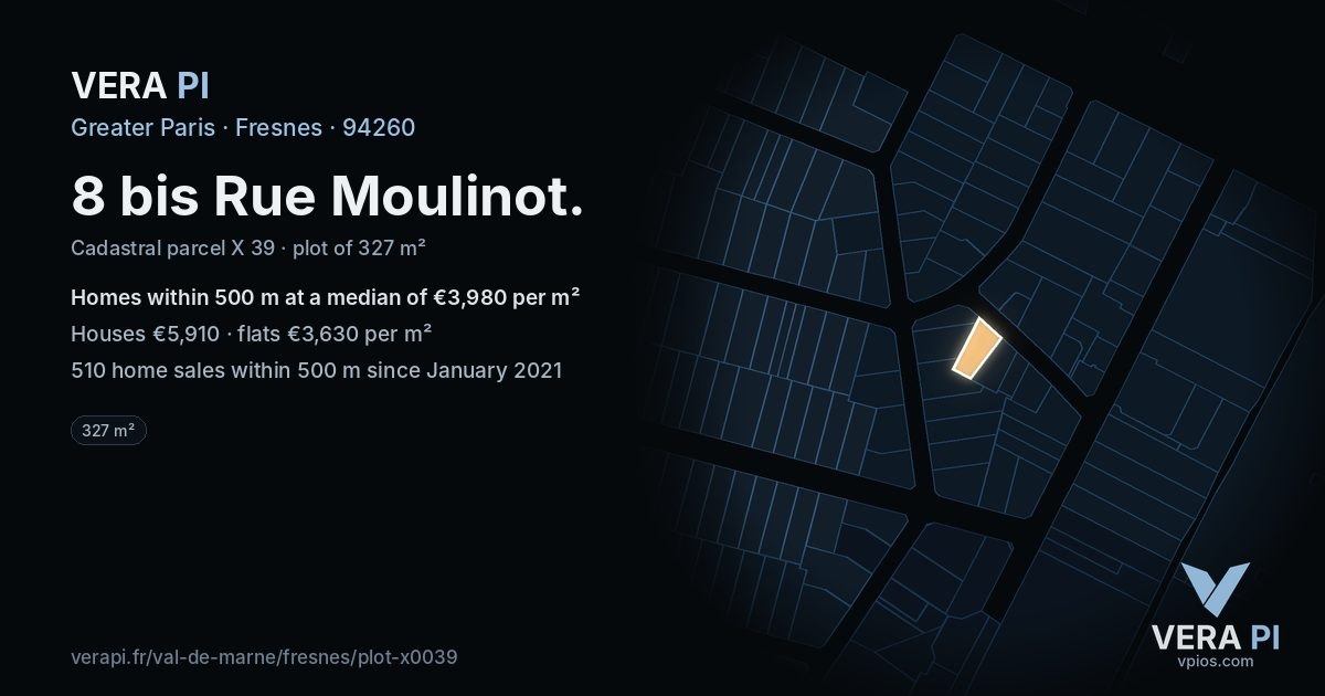8 bis Rue Moulinot, Fresnes at night – the plot lit, the parcels around coloured by the prices near them