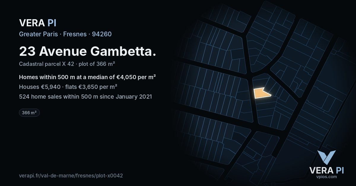 23 Avenue Gambetta, Fresnes at night – the plot lit, the parcels around coloured by the prices near them