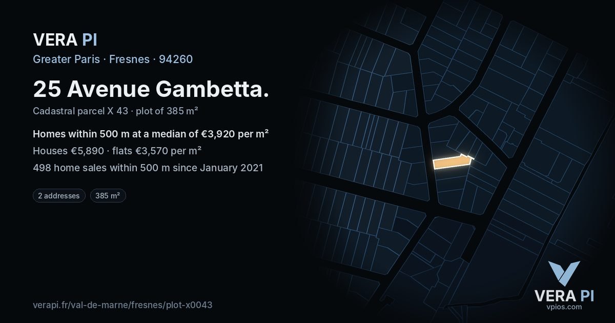 25 Avenue Gambetta, Fresnes at night – the plot lit, the parcels around coloured by the prices near them