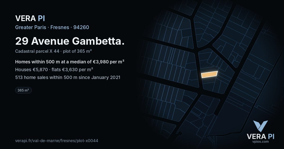 29 Avenue Gambetta, Fresnes at night – the plot lit, the parcels around coloured by the prices near them