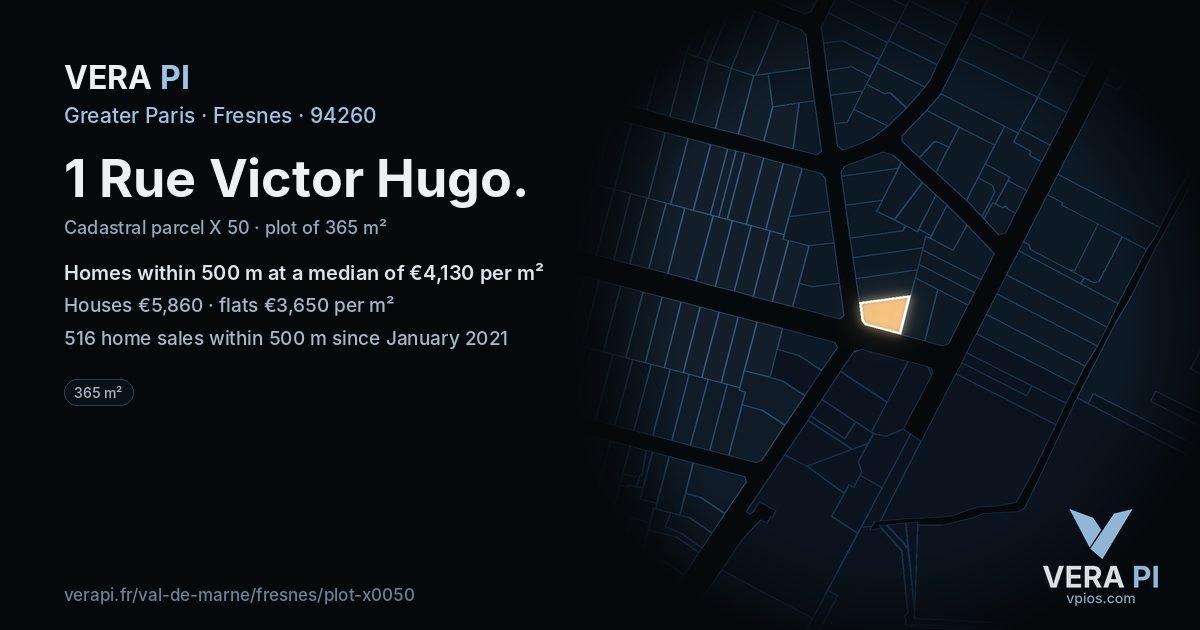 1 Rue Victor Hugo, Fresnes at night – the plot lit, the parcels around coloured by the prices near them