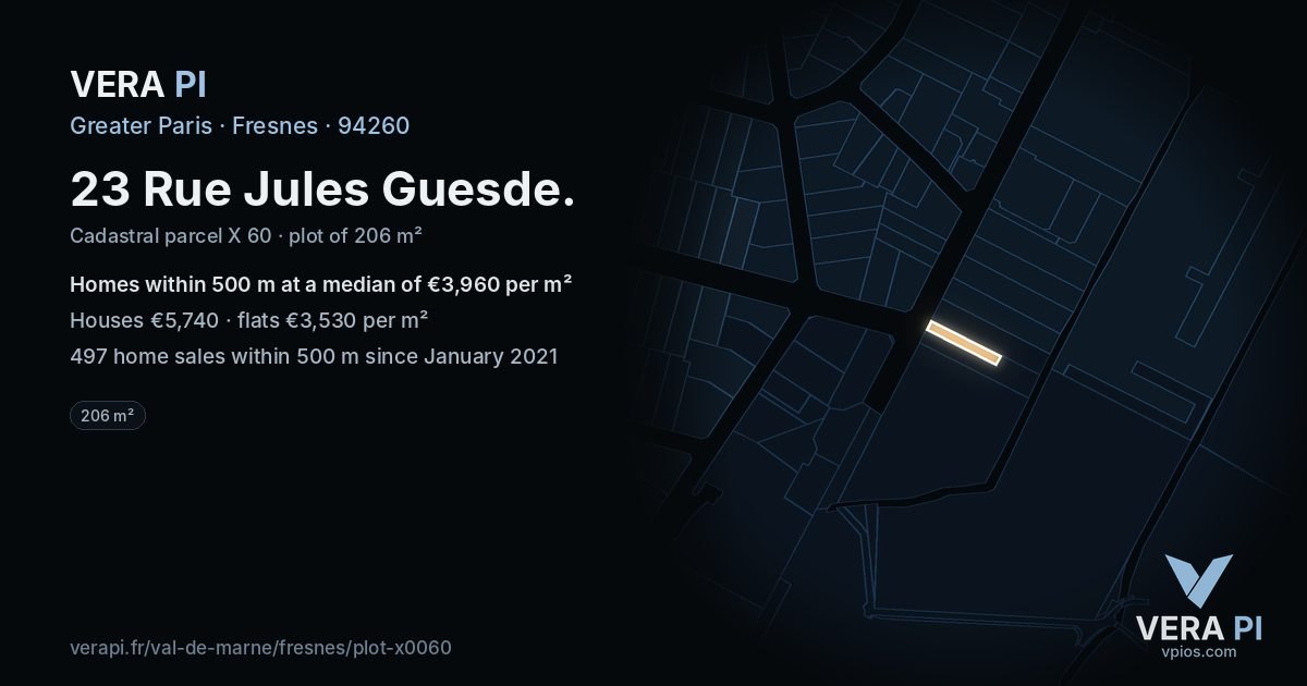 23 Rue Jules Guesde, Fresnes at night – the plot lit, the parcels around coloured by the prices near them