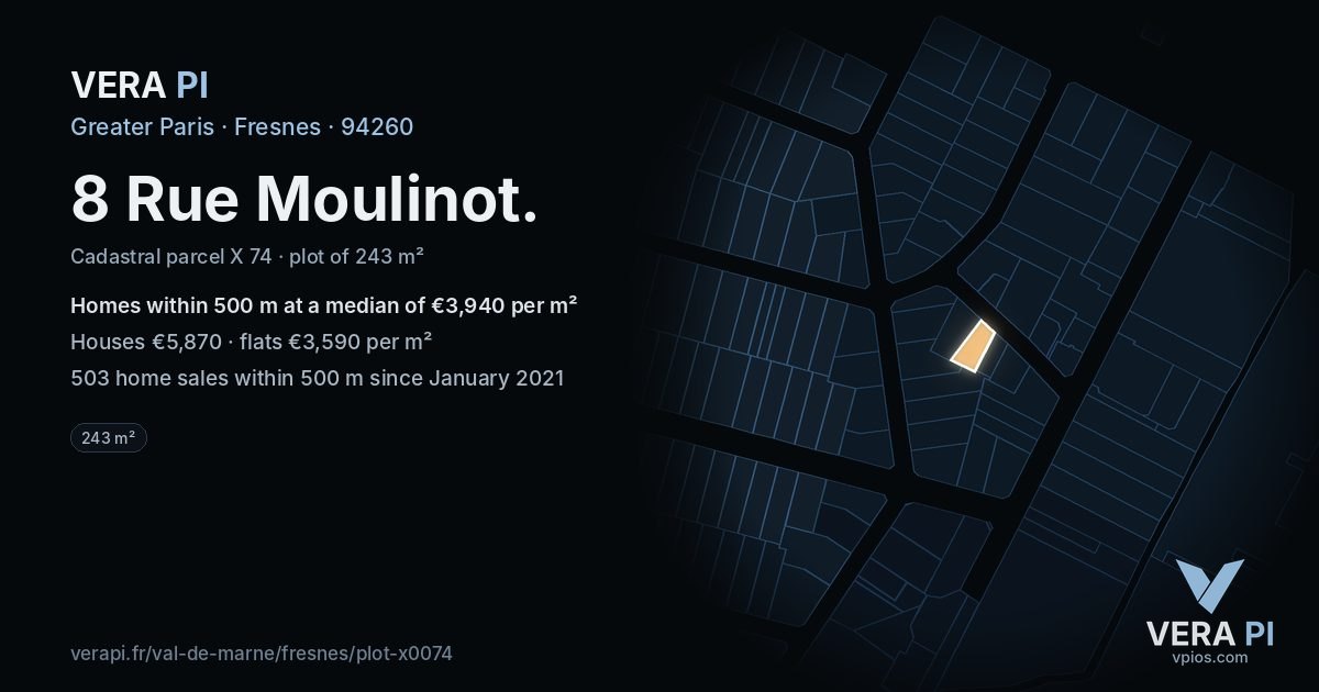 8 Rue Moulinot, Fresnes at night – the plot lit, the parcels around coloured by the prices near them