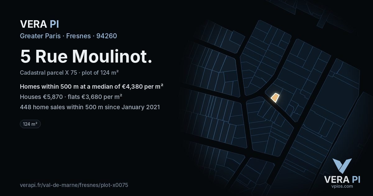 5 Rue Moulinot, Fresnes at night – the plot lit, the parcels around coloured by the prices near them